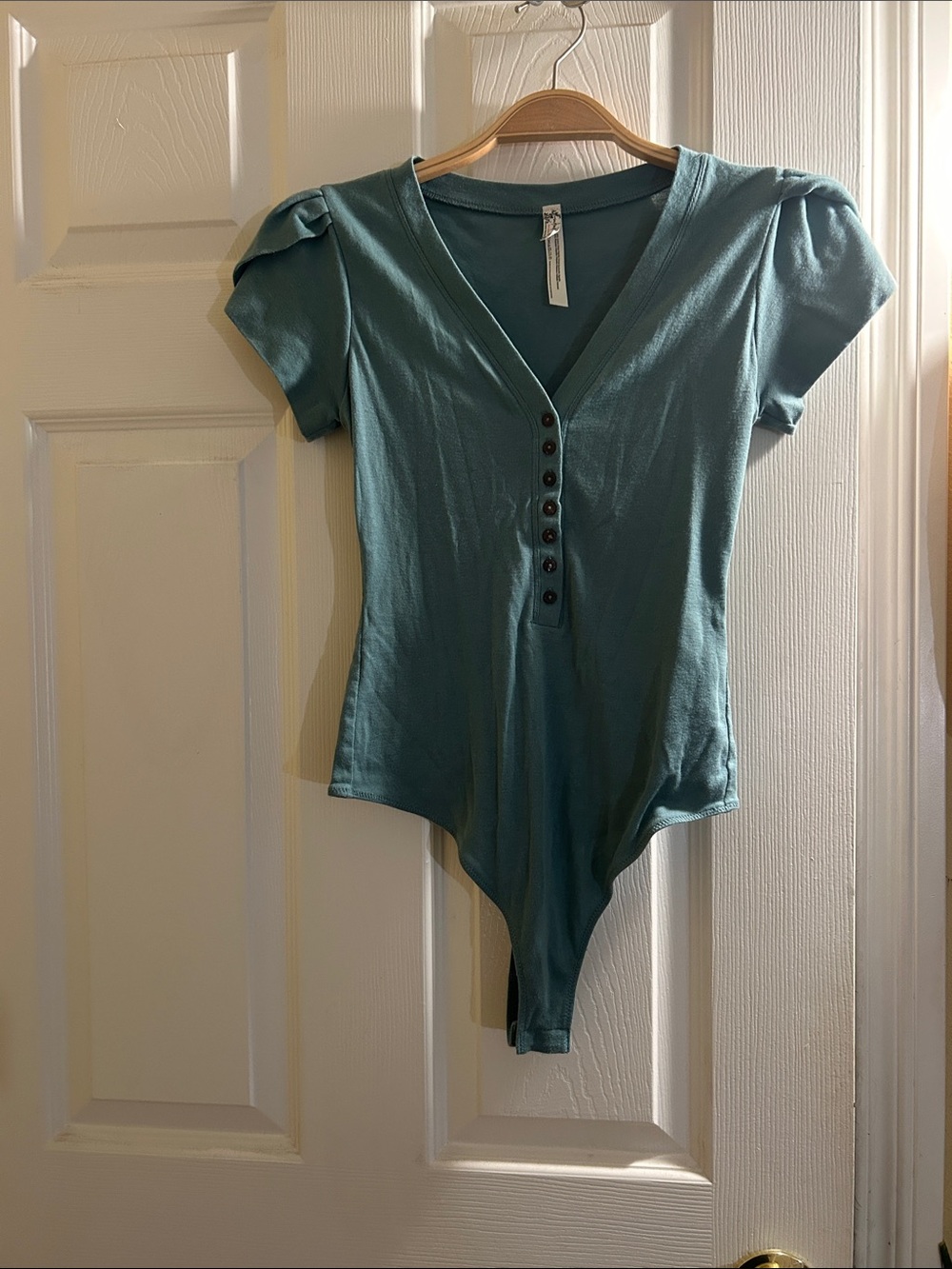 Free People Teal Button-Front V-Neck Short Sleeve Bodysuit